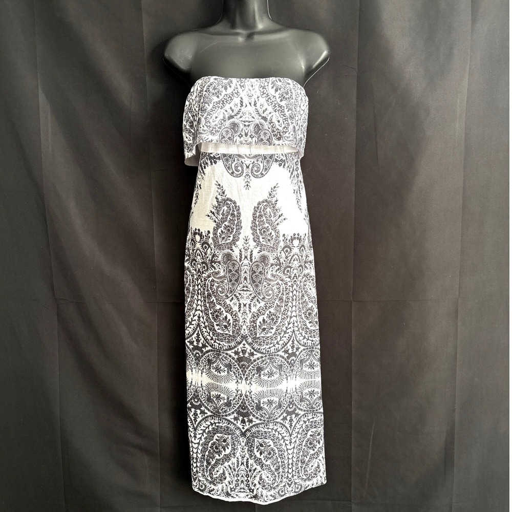 Womens L Strapless Paisley‎ Maxi Dress Black White Tube Indie Boho Whimsigoth